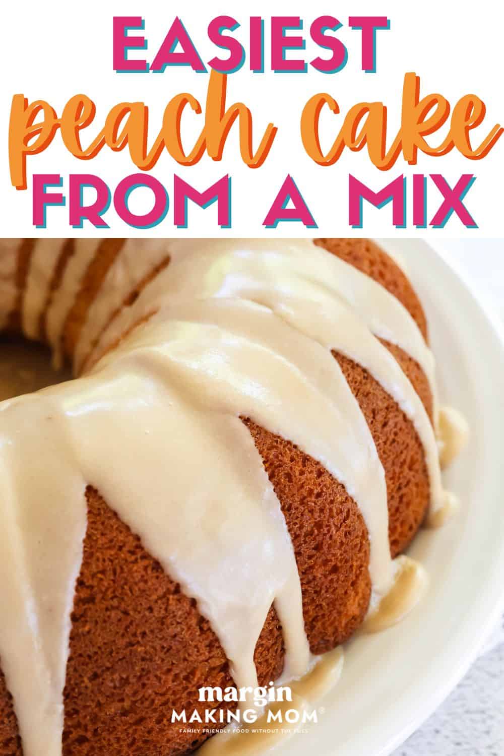 Peach bundt cake made with a cake mix is served on a white plate.