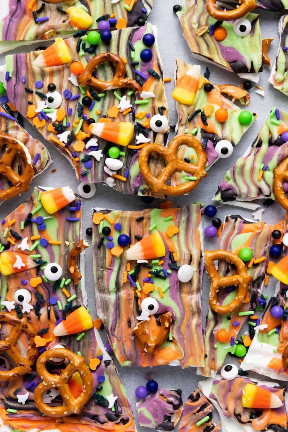 pieces of candy bark for Halloween, broken apart for serving.