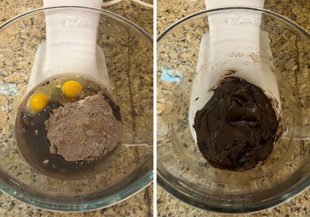 two photos; one shows cake mix, oil, eggs, and vanilla extract in a glass mixing bowl; the other shows the ingredients mixed together into a cookie dough.