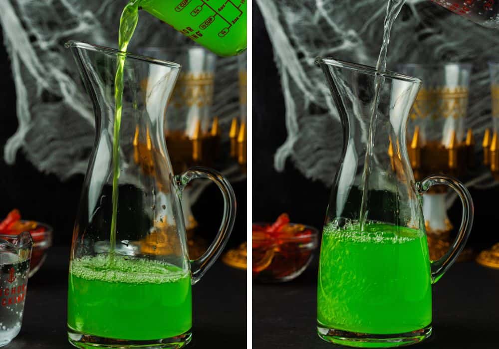 two photos; one shows green punch being poured into a glass pitcher; the other shows lemon-lime soda being poured into the same pitcher.