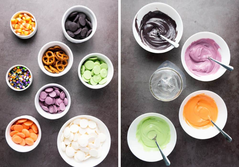 two photos; one shows ingredients needed for Halloween bark, the other shows the different colors of candy melts after being melted.