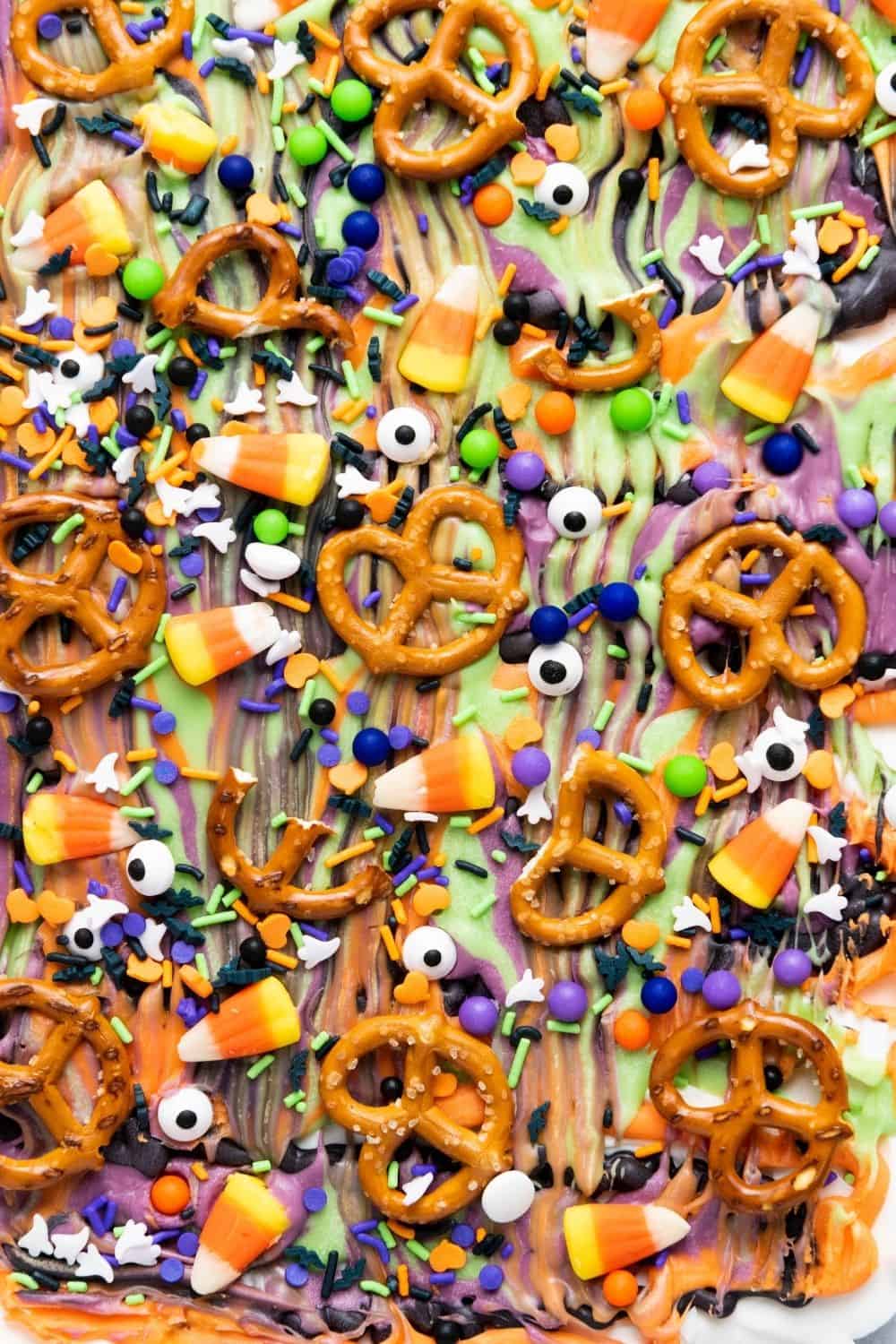 overhead view of Halloween candy bark before it's been broken into pieces.