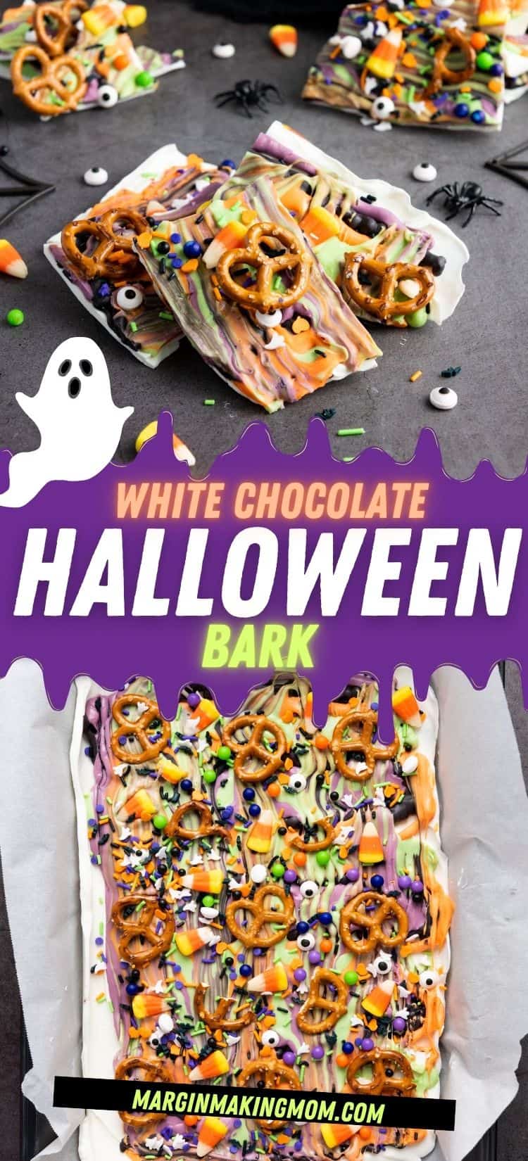 two photos; one shows several pieces of white chocolate Halloween bark, the other shows the full pan of Halloween bark before it's been broken into pieces.