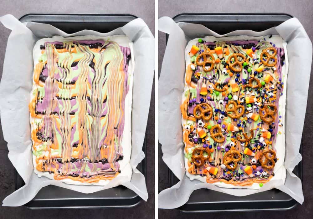 two photos; one shows the different colors of candy melts swirled into the white chocolate, the other shows the sprinkles, pretzel pieces, and candy corns added to the bark.