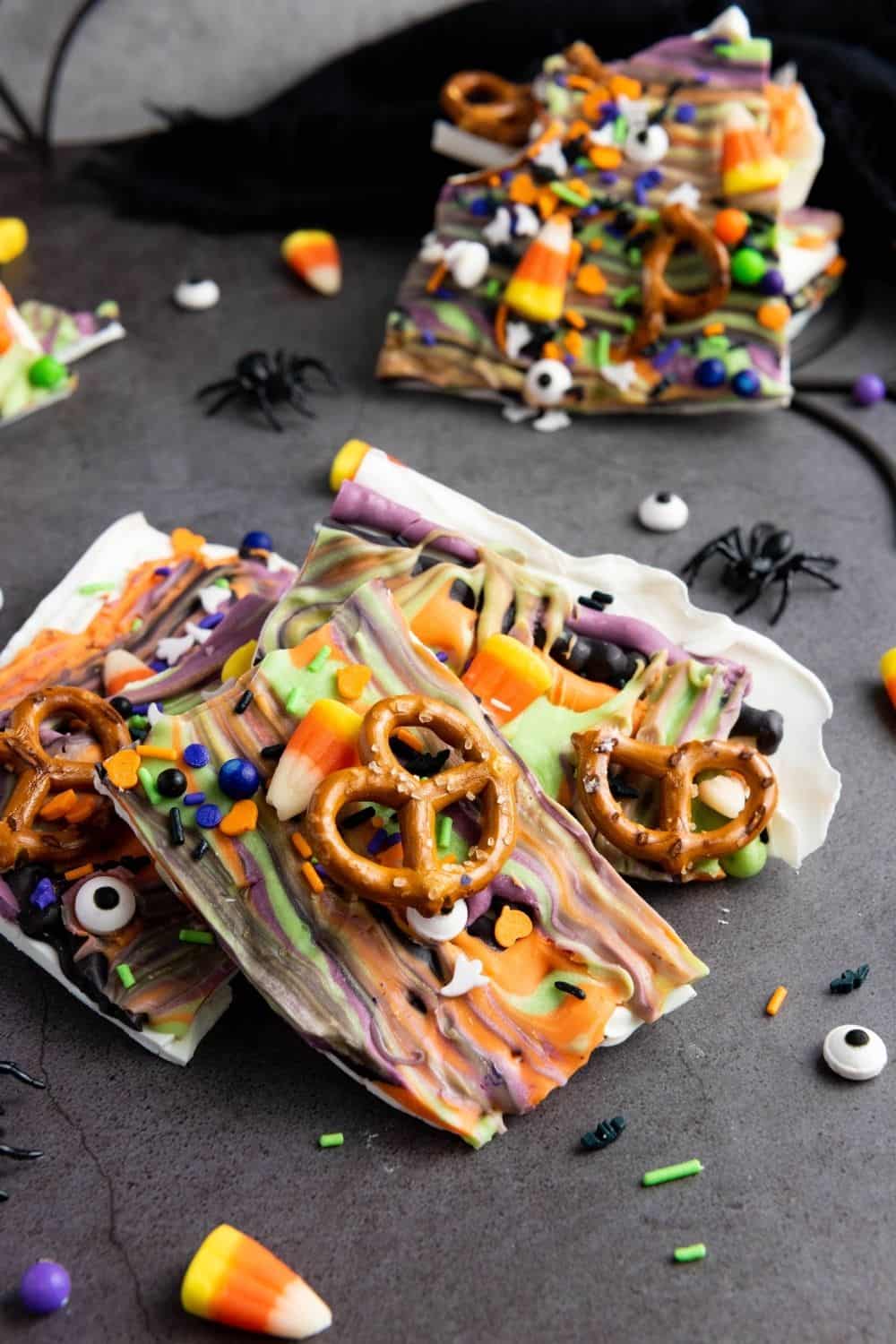 sweet and salty Halloween bark ready to be served at a party.