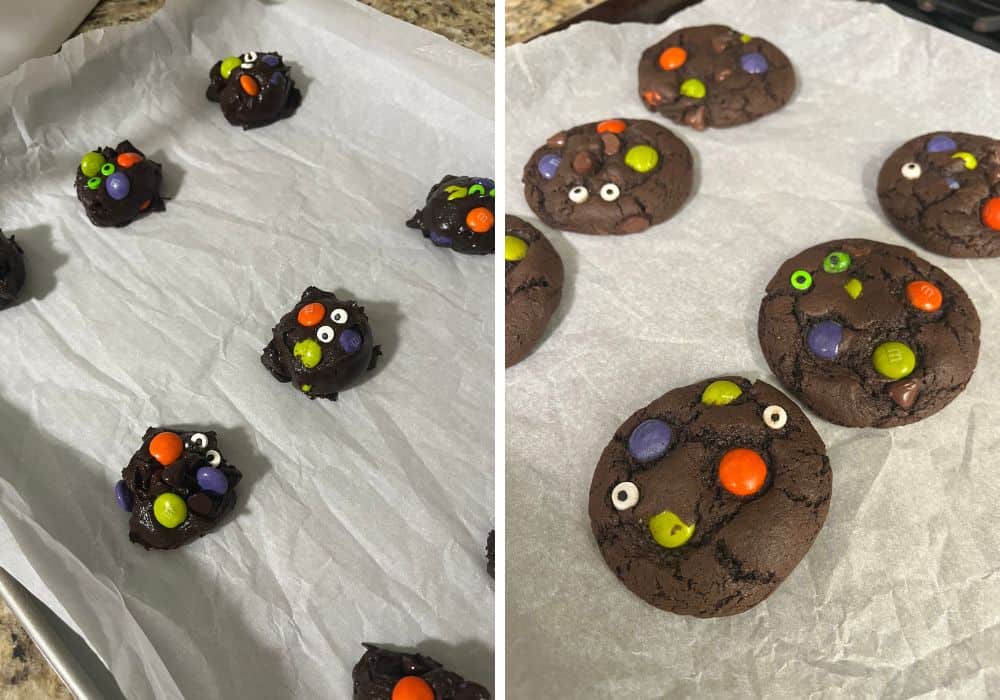 two photos; one shows chocolate cookie dough dotted with Halloween M&Ms and candy eyeballs. The other shows the Halloween cookies that are freshly baked.