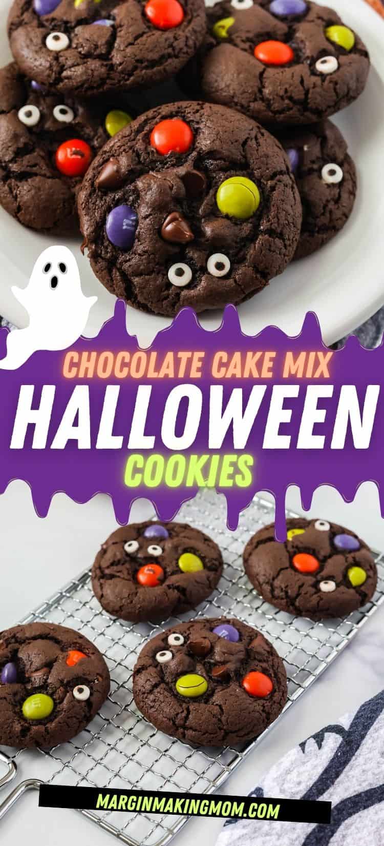 two photos; one shows a plate of chocolate cake mix cookies decorated with Halloween M&Ms and candy eyeballs. The other photo shows the cookies on a cooling rack.