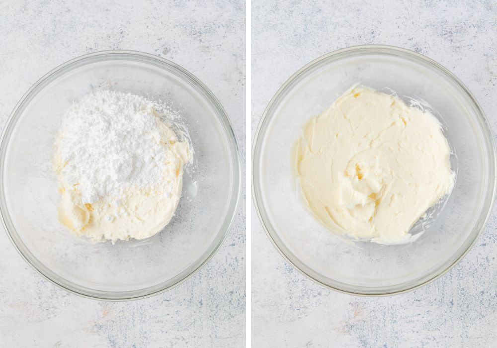 two photos; one shows cream cheese and powdered sugar in a mixing bowl; the other shows the ingredients beaten together until smooth.