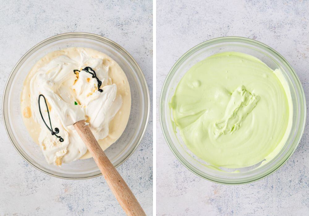 two photos; one shows green food coloring added to the dip ingredients; the other shows the green Halloween dip once ingredients have been folded together.