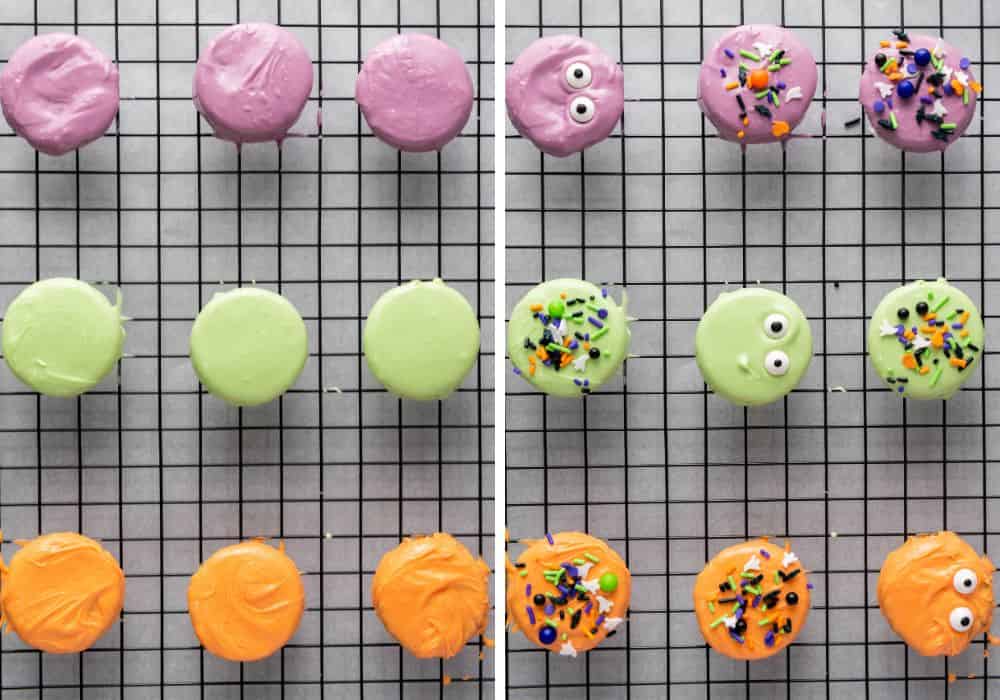 two photos; one shows Oreos covered with Halloween candy coating on a wire rack. The other shows sprinkles added to the coating.