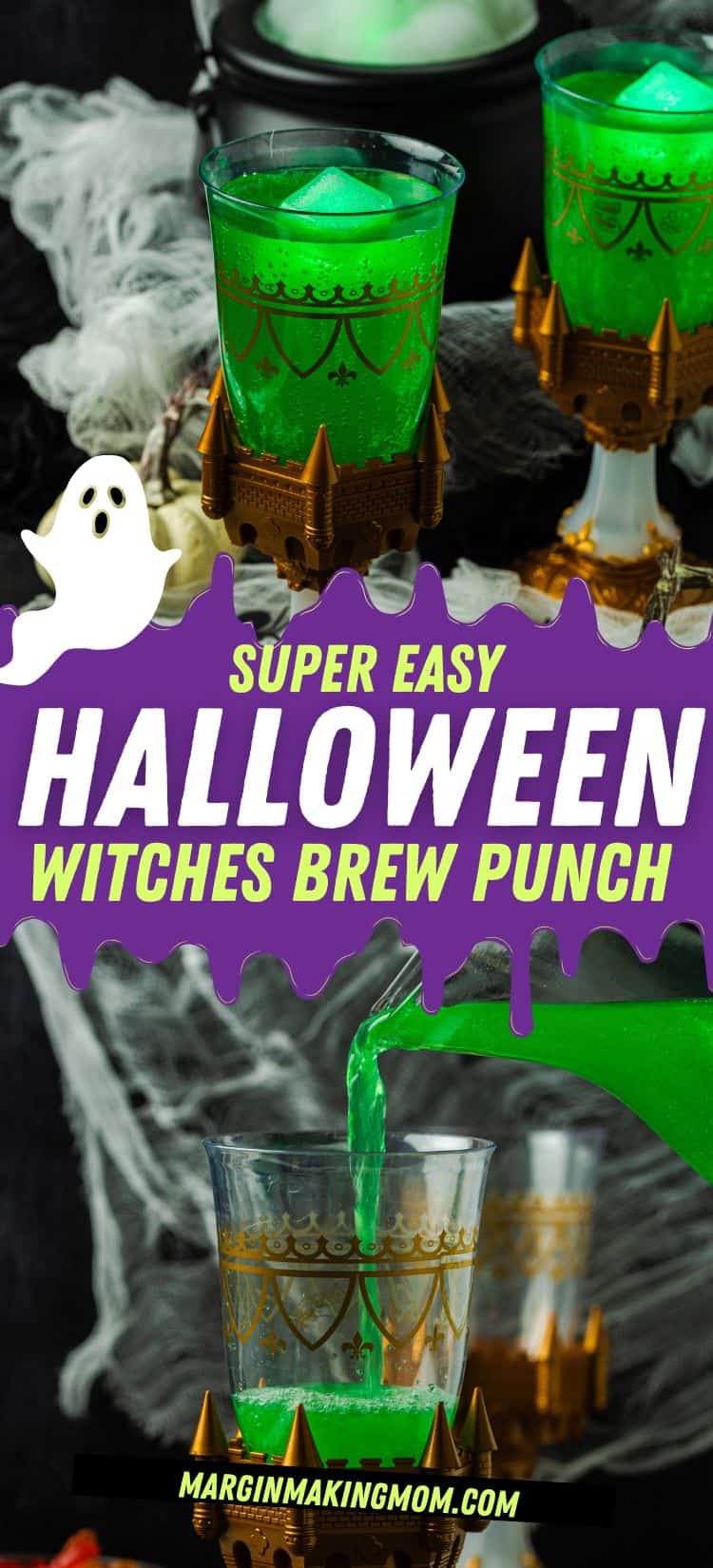 two photos; one shows two glasses of Halloween Witches' Brew punch with light-up ice cubes in the glasses. The other photo shows the punch being poured from a pitcher into a glass.