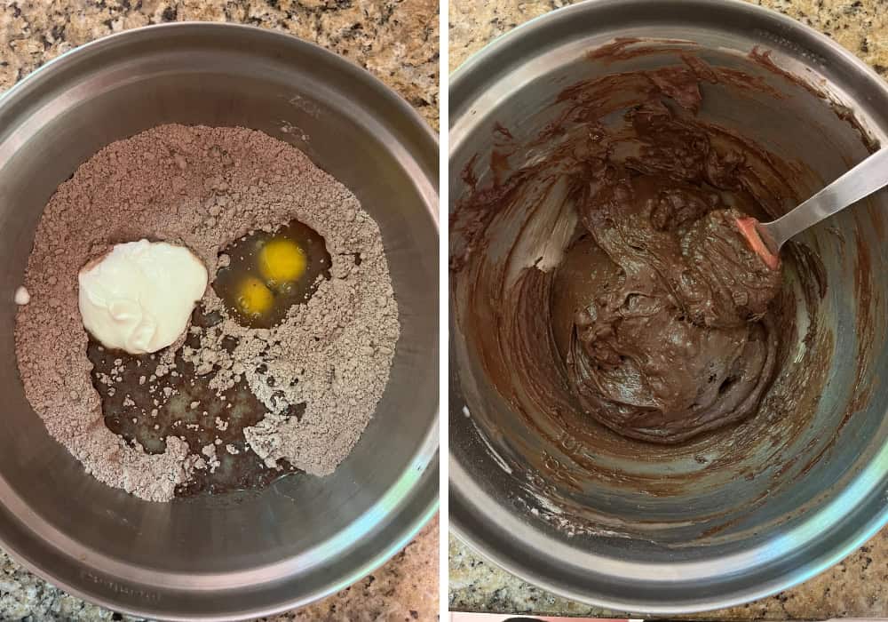 two photos; one shows ingredients for brownies in a mixing bowl; the other shows the ingredients mixed into a batter with a spatula.