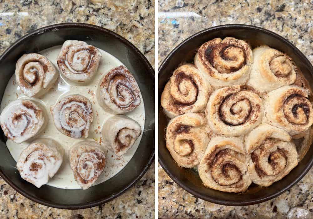 two photos; one shows rounds of unbaked cinnamon rolls in a pan, with heavy cream poured over them. The other shows freshly baked Bisquick cinnamon rolls.