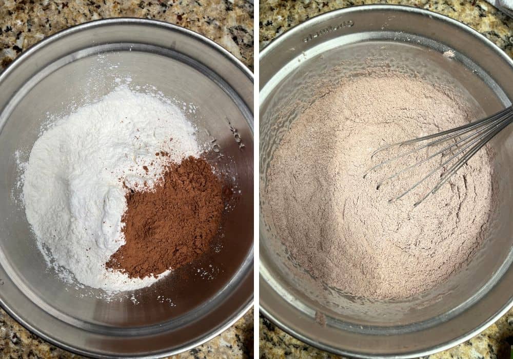 two photos; one shows angel food cake mix and cocoa powder in a stainless steel mixing bowl; the other shows the ingredients whisked together.