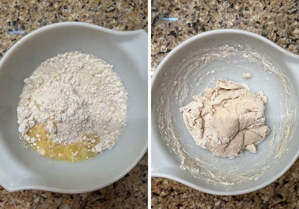 two photos; one shows a mixing bowl of Bisquick, milk, and melted butter; the other shows the ingredients mixed into a ball of dough.