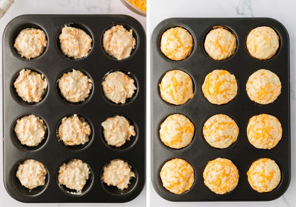 two photos; one shows cheesy muffin batter in a muffin tin, the other shows the copycat Jim n Nick's muffins in the pan after baking.
