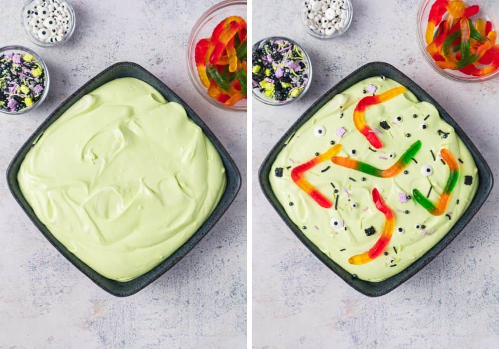 two photos; one shows green-colored dessert dip for Halloween in a black bowl; the other shows the dip garnished with sprinkles and candy to give it a spooky flair.