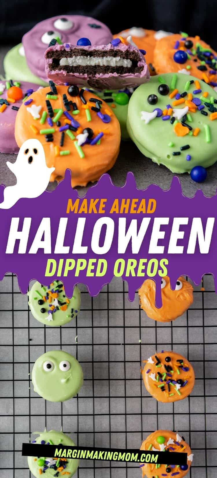 two photos; one shows dipped Halloween Oreos decorated with sprinkles, one of which has a bite taken out of it. The other shows the coated Oreos on a wire rack to cool.