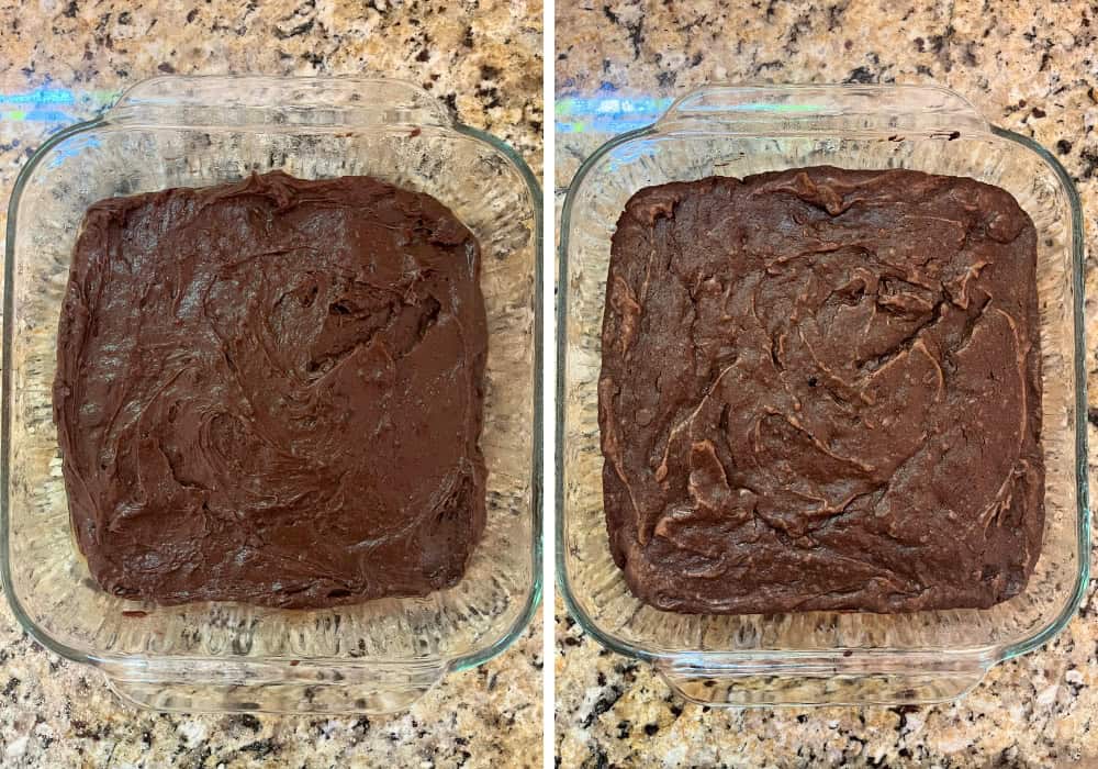 two photos; one shows brownie batter in a glass baking dish; the other shows the brownies after baking.