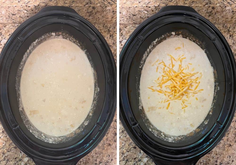 two photos; one shows potato soup in the Crock Pot before cheese is added, the other shows it with shredded cheese.