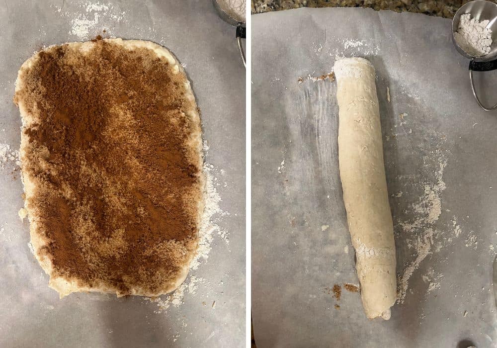 two photos; one shows cinnamon roll dough rolled out and topped with butter, brown sugar, and cinnamon. The other photo shows the dough rolled up tightly into a log-shape.