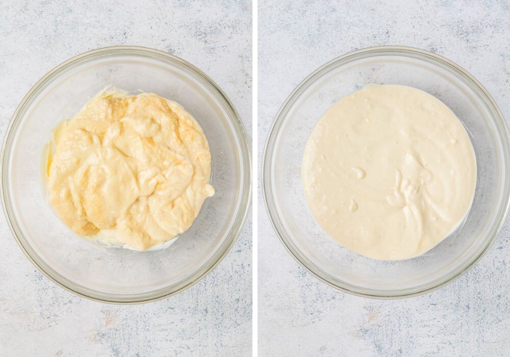 two photos; one shows pudding added to cream cheese mixture in a glass mixing bowl; the other shows the ingredients beaten together until smooth.