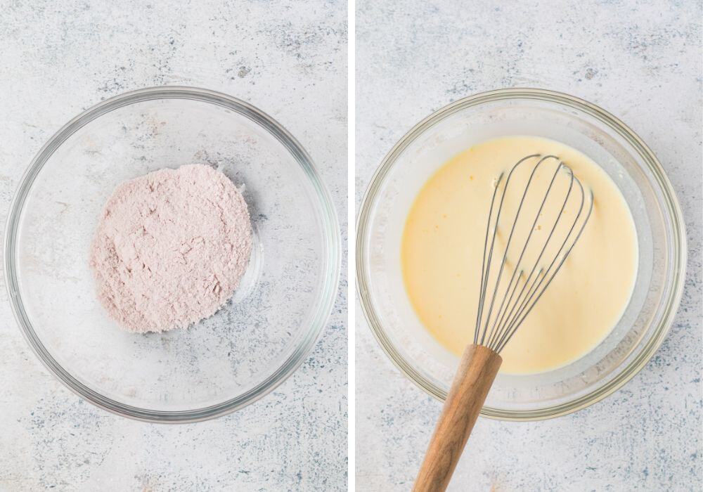 two photos; one shows pudding mix in a mixing bowl; the other shows it whisked with milk.
