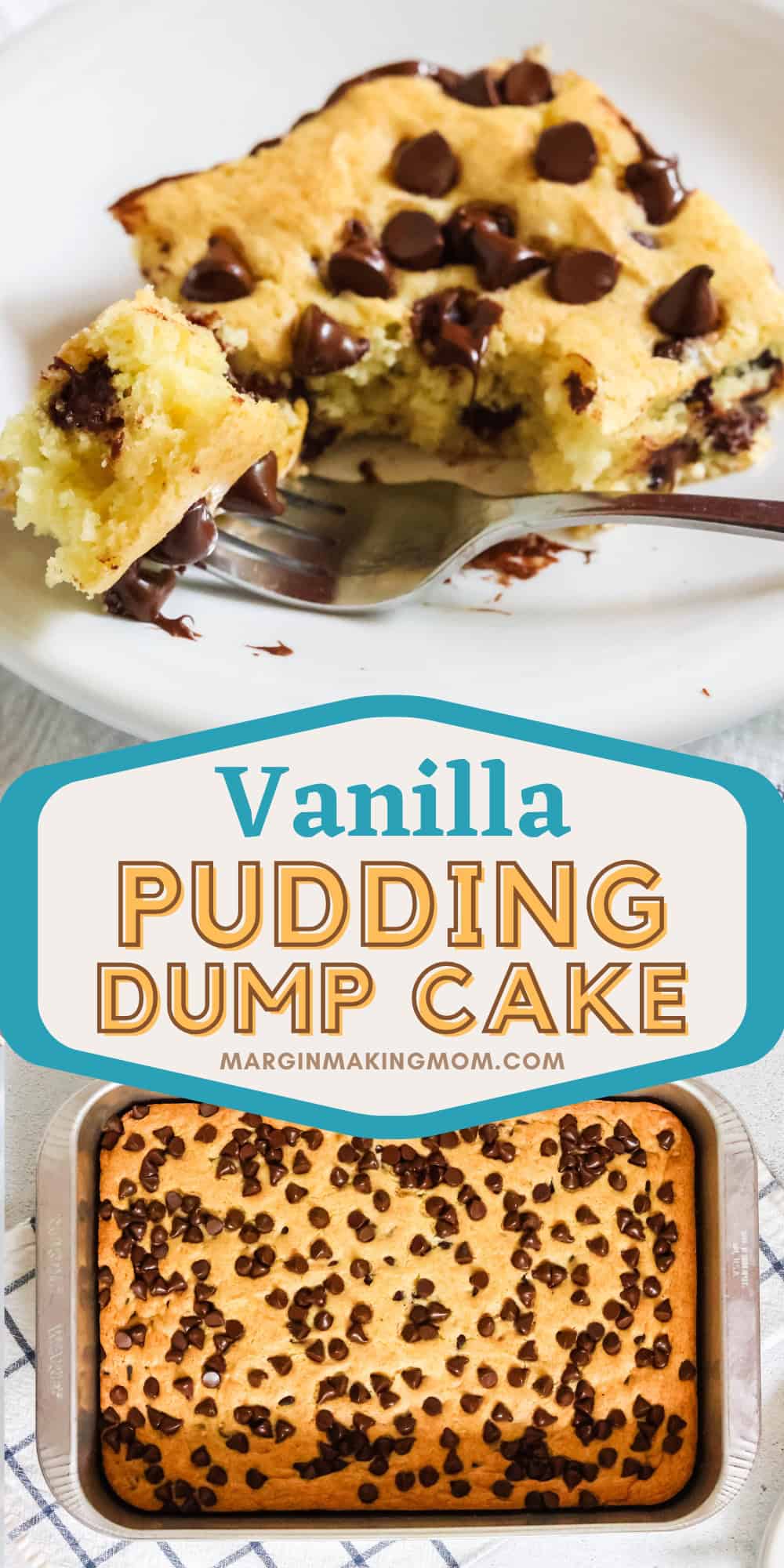 two photos; one shows a fork with a bite of vanilla pudding dump cake on it; the other shows the whole vanilla dump cake still in the pan, dotted with chocolate chips.