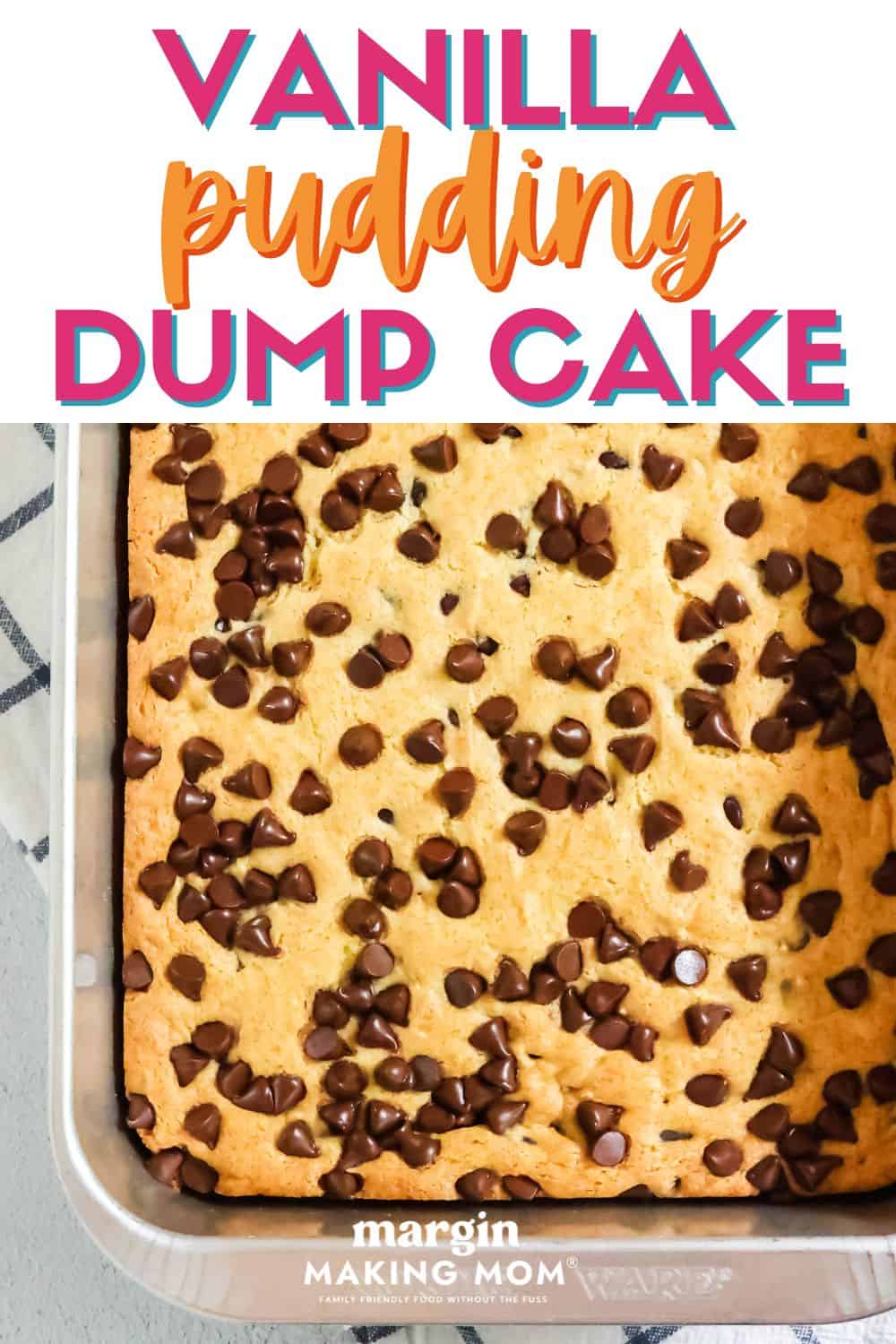 overhead view of a freshly baked vanilla pudding dump cake, still in the pan.