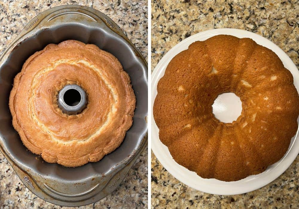 two photos; one shows a freshly baked white cake in a bundt pan; the other shows the cake inverted onto a white plate.