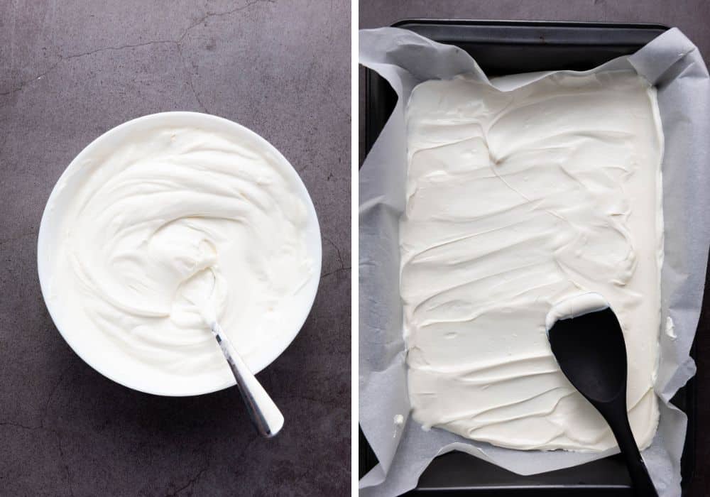two photos; one shows a bowl with melted white candy melts in it. The other photo shows the melted white chocolate spread out in a parchment lined baking sheet.