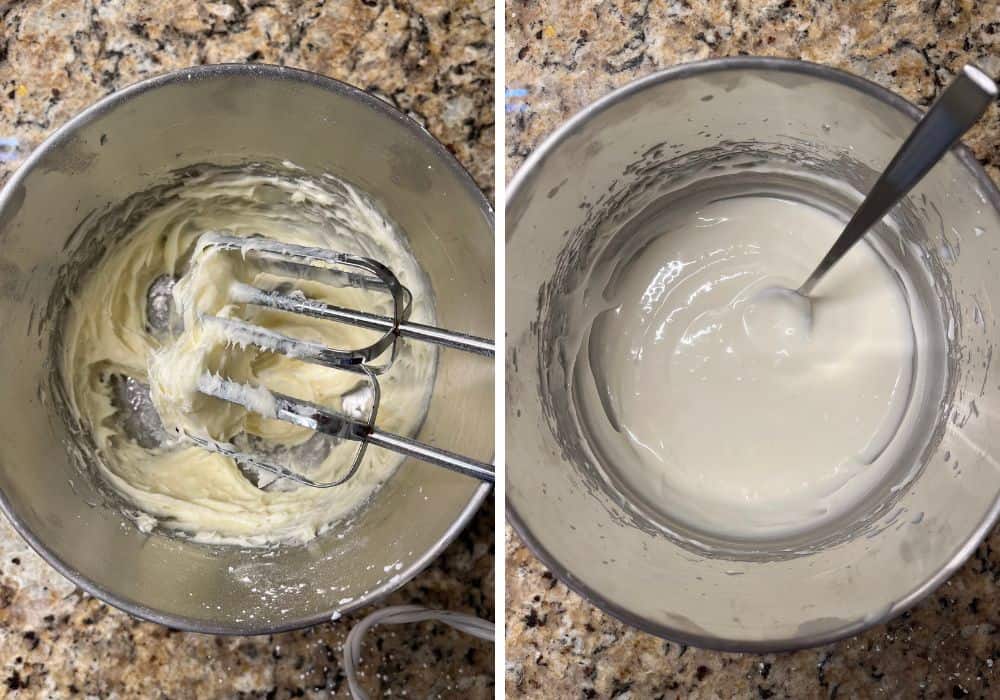 two photos; one shows cream cheese, butter, and powdered sugar mixed together with an electric mixer. The other shows the icing after milk has been added.