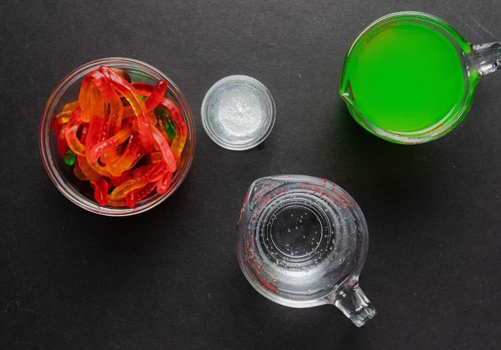mise en place view of ingredients needed for making witches' brew punch for halloween.