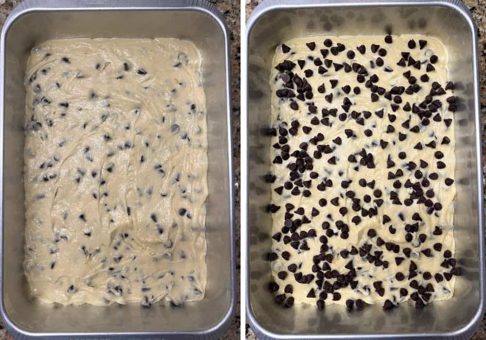 two photos; one shows vanilla pudding dump cake batter in a prepared pan, the other shows it with chocolate chips sprinkled on top.