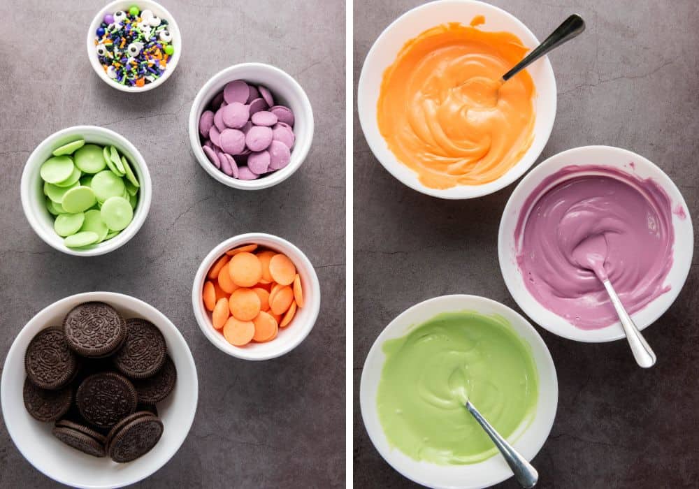 two photos; one shows ingredients needed for making dipped Halloween Oreos; the other shows the candy coating that's been melted.