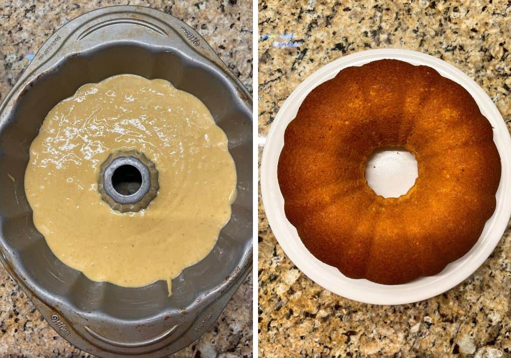 two photos; one shows peach cake batter in a bundt pan; the other shows the freshly baked bundt cake on a white plate.