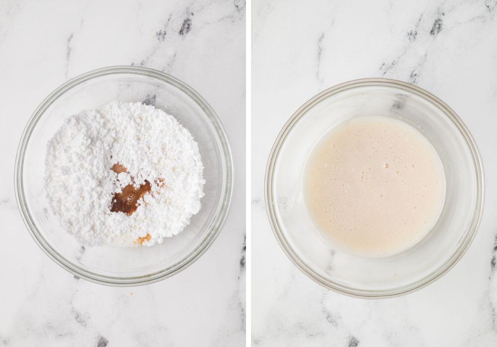 two photos; one shows powdered sugar and vanilla extract in a glass mixing bowl; the other shows those whisked with milk to create a glaze.