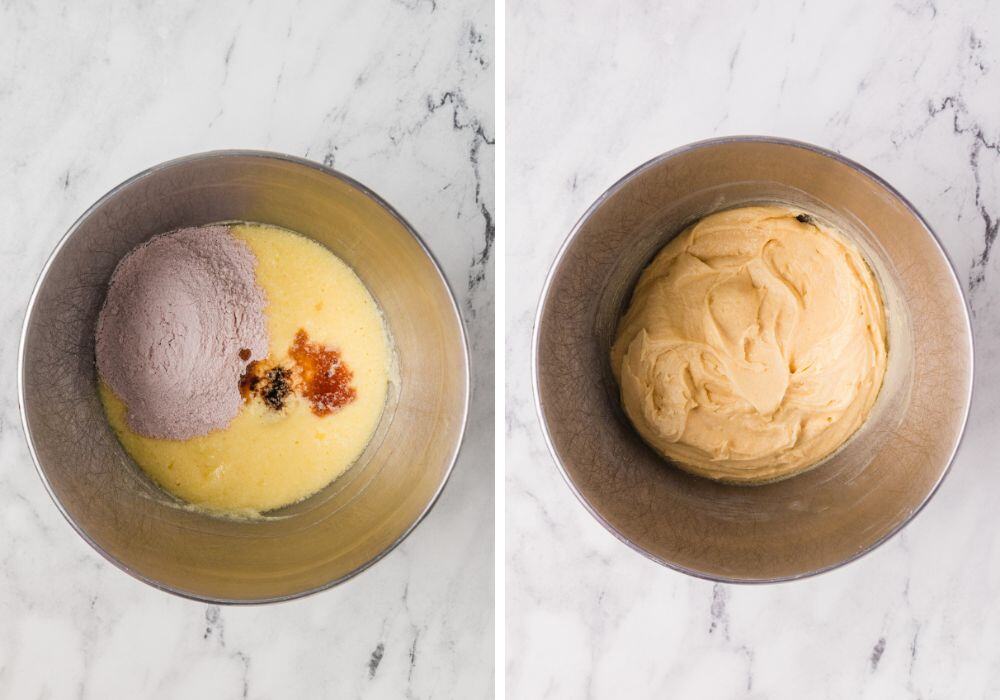 two photos; one shows pudding mix and vanilla extract added to the batter; the other shows the dry ingredients mixed into the batter.