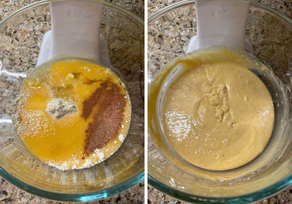 two photos; one shows peach cake ingredients in the bowl of a stand mixer; the other shows the ingredients beaten together into a smooth cake batter.