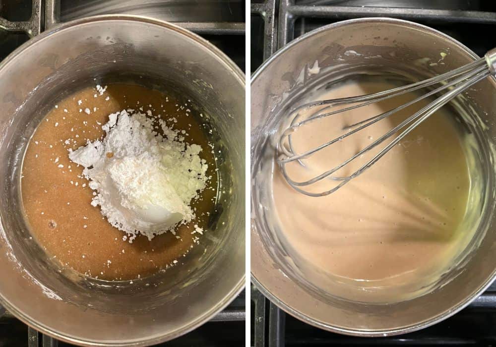 two photos; one shows brown sugar, butter, and milk mixture with powdered sugar added; the other shows the mixture whisked together until smooth, creating the brown sugar icing for the cake.