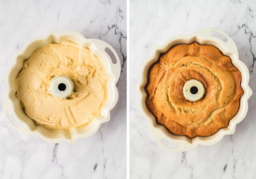 two photos; one shows vanilla pudding pound cake batter spread in a bundt pan; the other shows the cake after being baked.