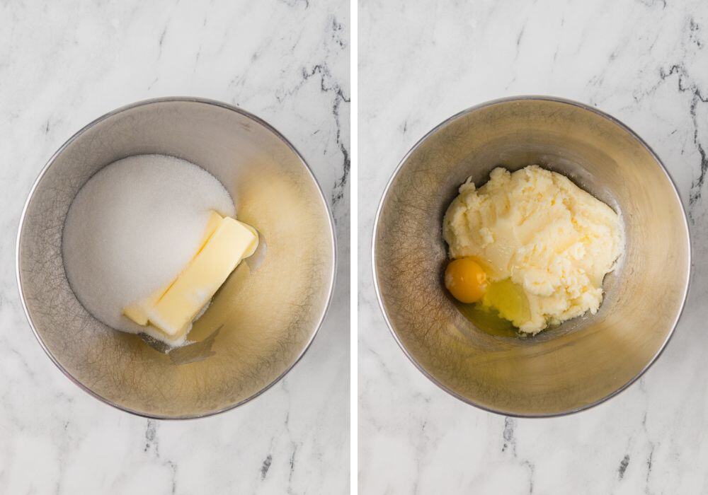 two photos; one shows butter and sugar in a mixing bowl; the other shows those creamed together and an egg added.