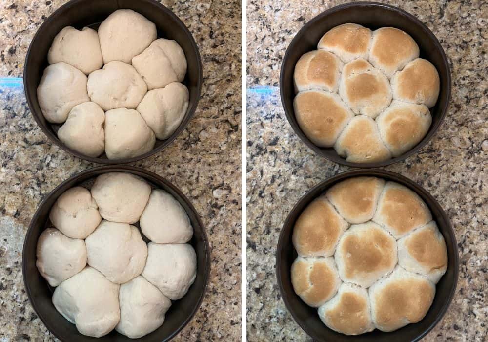two photos; one shows two pans of unbaked dinner rolls, showing that the rolls have risen to double in size. The other photo shows the same two pans of Bisquick rolls, but after they've been baked.