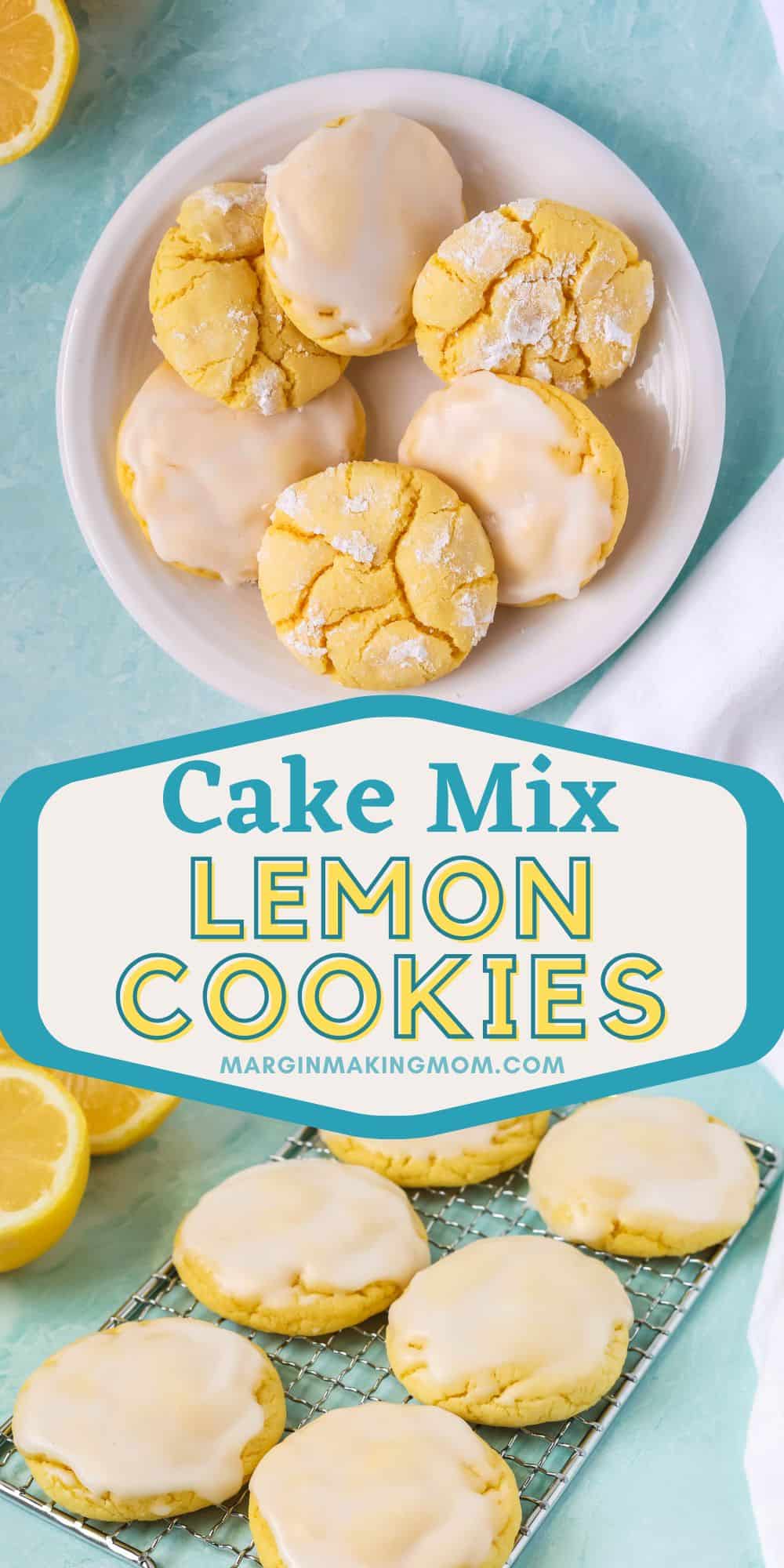 two photos; one shows lemon cookies made from cake mix on a white plate; the other shows the lemon cookies on a wire rack. The photos show how the cookies can be topped with lemon glaze or made as lemon crinkle cookies.