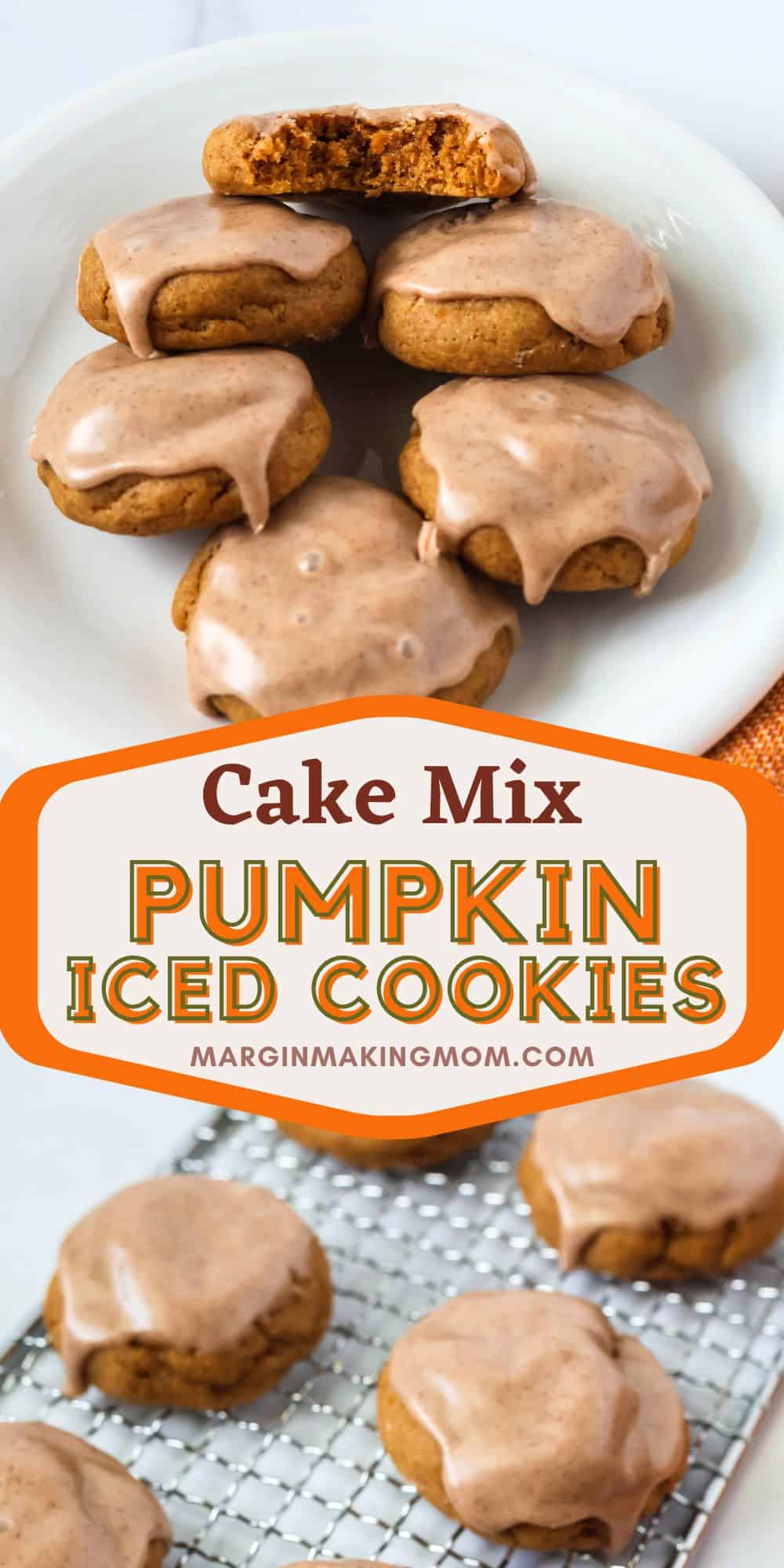 two photos; one shows iced pumpkin cookies on a white plate; the other shows the cookies on a wire rack.