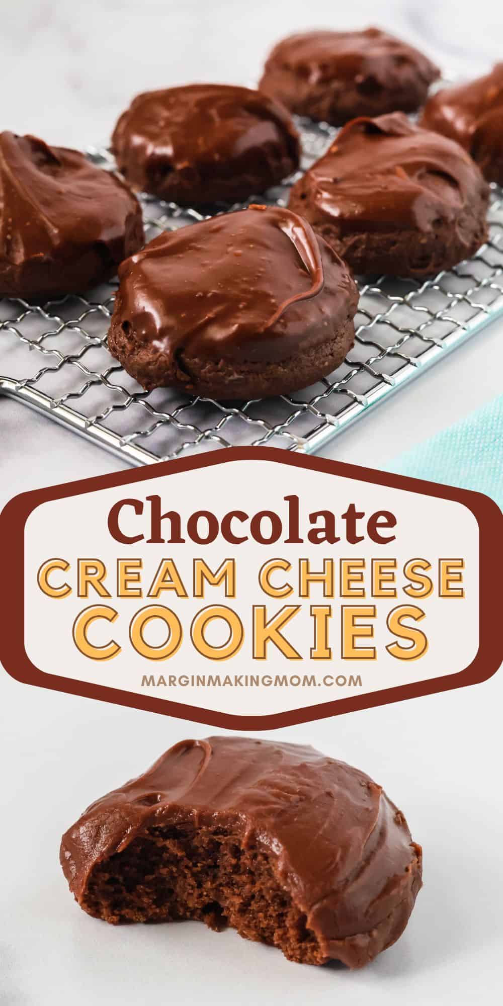 two photos; one shows chocolate cookies made with cream cheese displayed on a wire rack. The other shows one iced chocolate cream cheese cookie with a bite taken out of it, showing the soft, fudgy interior of the cookie.