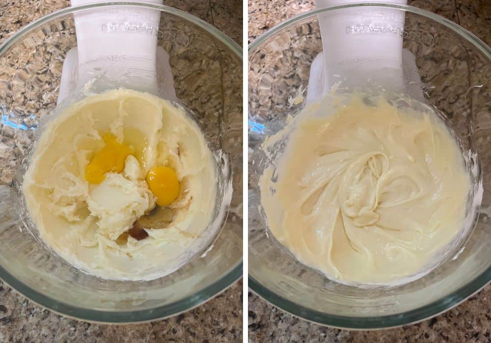 two photos; one shows eggs and vanilla extract added to the butter, cream cheese, and sugar mixture. The other shows the mixture after the eggs and vanilla have been beaten in.
