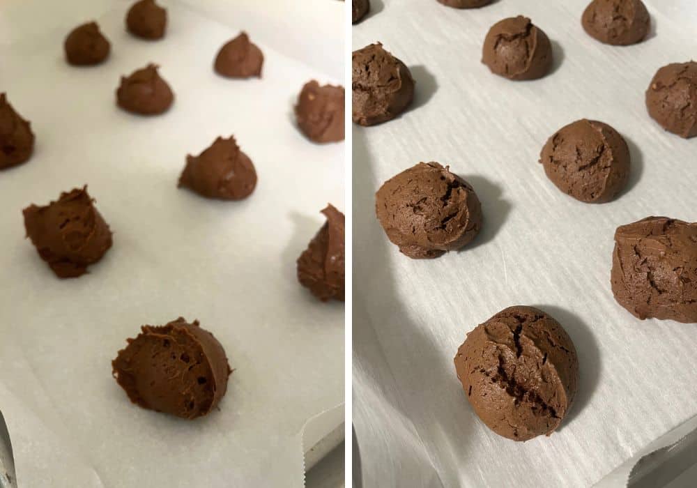 two photos; one shows rounds of chocolate cookie dough on a parchment-lined baking sheet; the other shows the freshly baked cookies on the baking sheet.