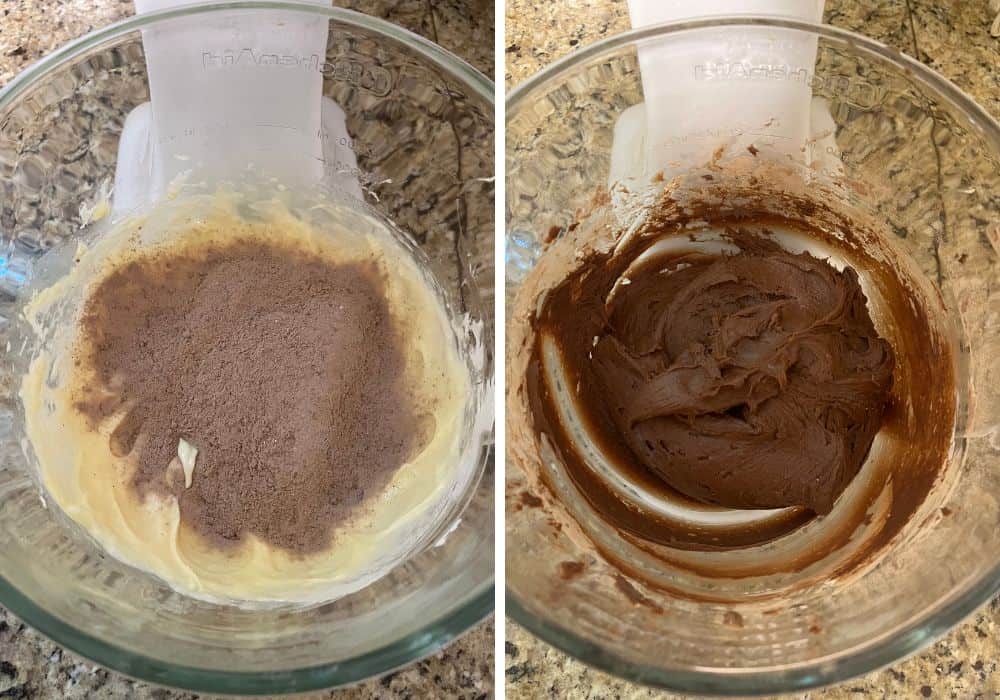 two photos; one shows some of the dry ingredients added to the bowl of wet ingredients; the other shows the cookie dough after all dry ingredients have been mixed in.