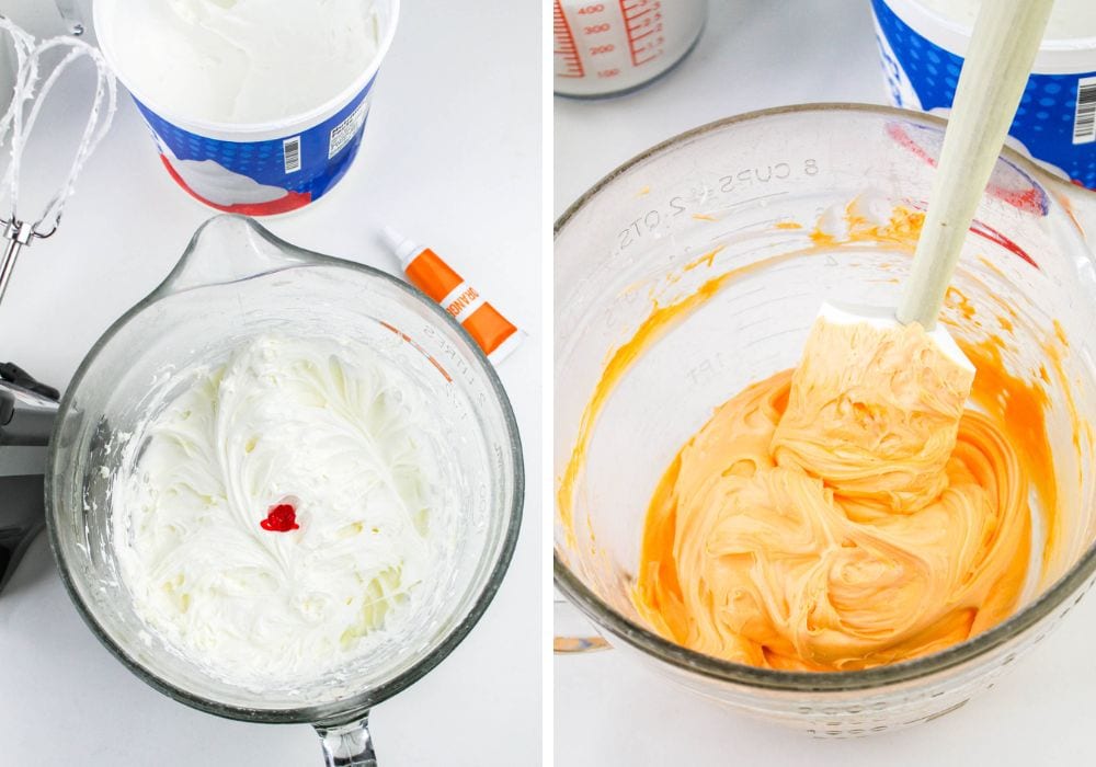 two photos; one shows white cream mixture with orange food coloring in a mixing bowl; the other shows the mixture folded together to create an orange-colored cream.